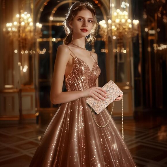 Women's Rhinestone Evening Handbag Clutch Rose Gold Envelope Crossbody - Picture 2 of 7